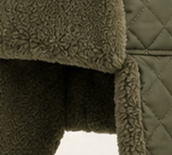 Dacha Quilted Trapper, close-up of Olive material and trim