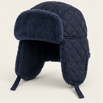 Neva Quilted Trapper in Ink Navy, earflaps down
